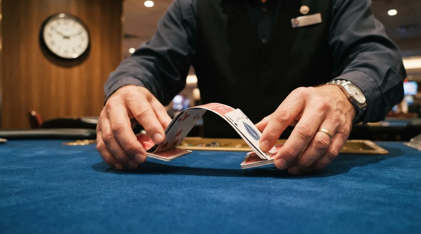 Croupier a baralhar cartas com destreza, em plano próximo, com a mesa de feltro azul e um relógio de parede desfocado atrás.