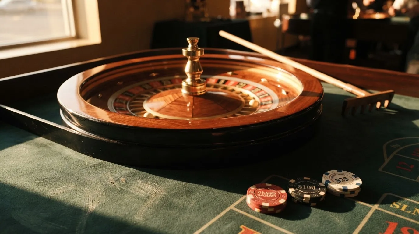 Roda de roleta e fichas sobre feltro verde, sob uma luz quente de fim de tarde — casinos com apple pay em portugal