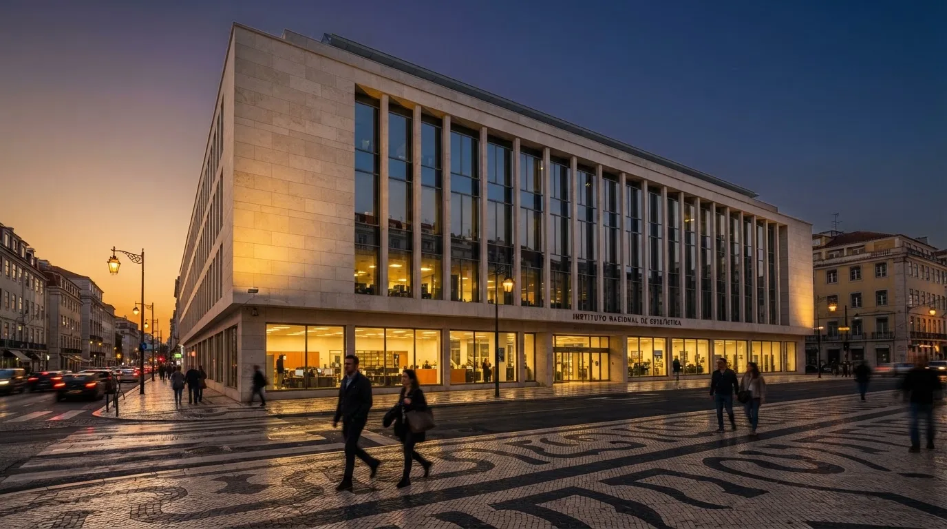 Fachada de um edifício administrativo moderno em Lisboa ao entardecer, com janelas amplas, calçada portuguesa e algumas pessoas a passar.
