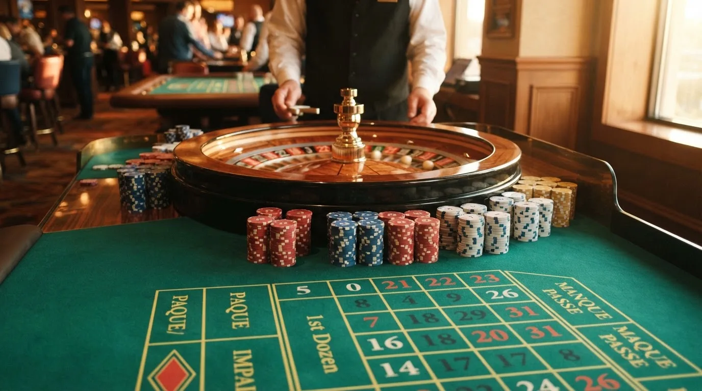Roda de roleta e fichas sobre feltro verde, sob uma luz quente de fim de tarde — casinos com bônus em portugal