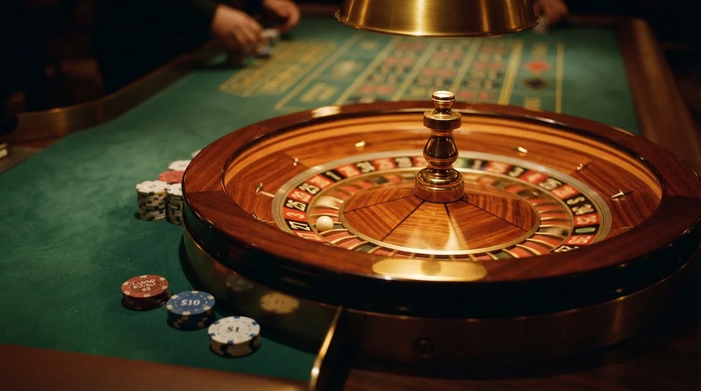 Roda de roleta e fichas sobre feltro verde, sob uma luz quente de fim de tarde — casinos com depósito mínimo pt