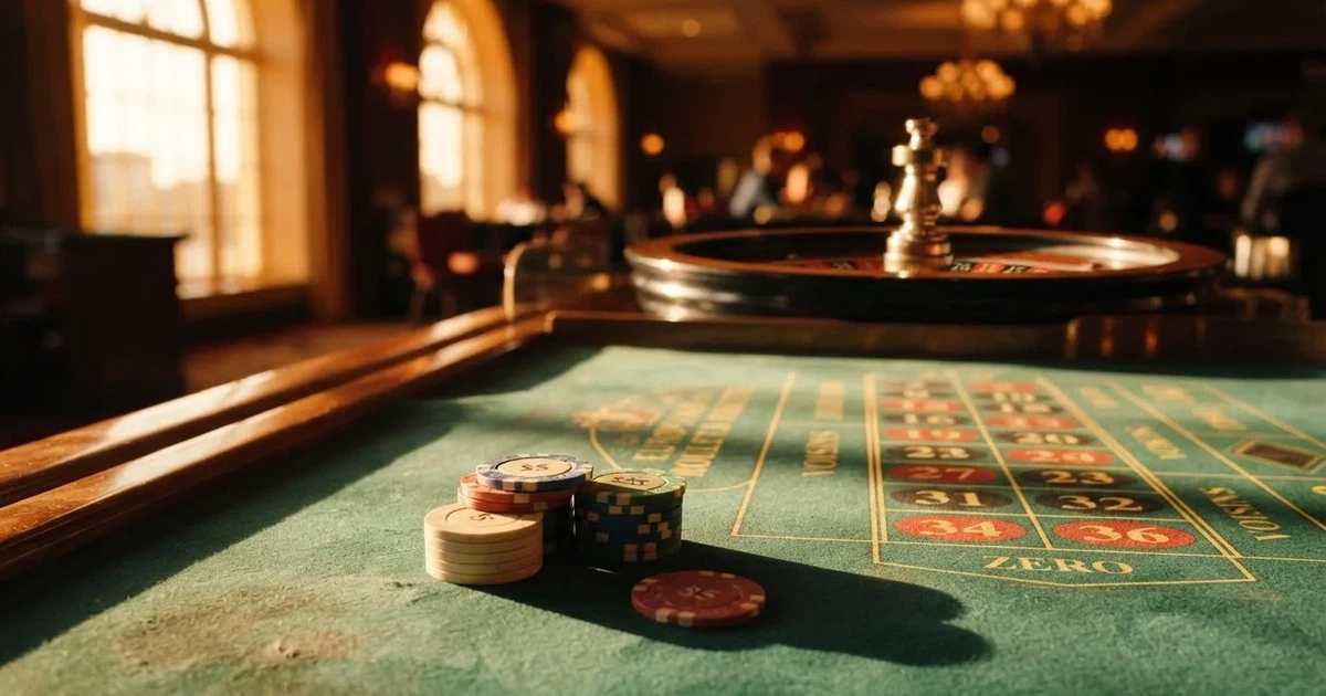 Roda de roleta e fichas sobre feltro verde, sob uma luz quente de fim de tarde — casinos com dinheiro em portugal