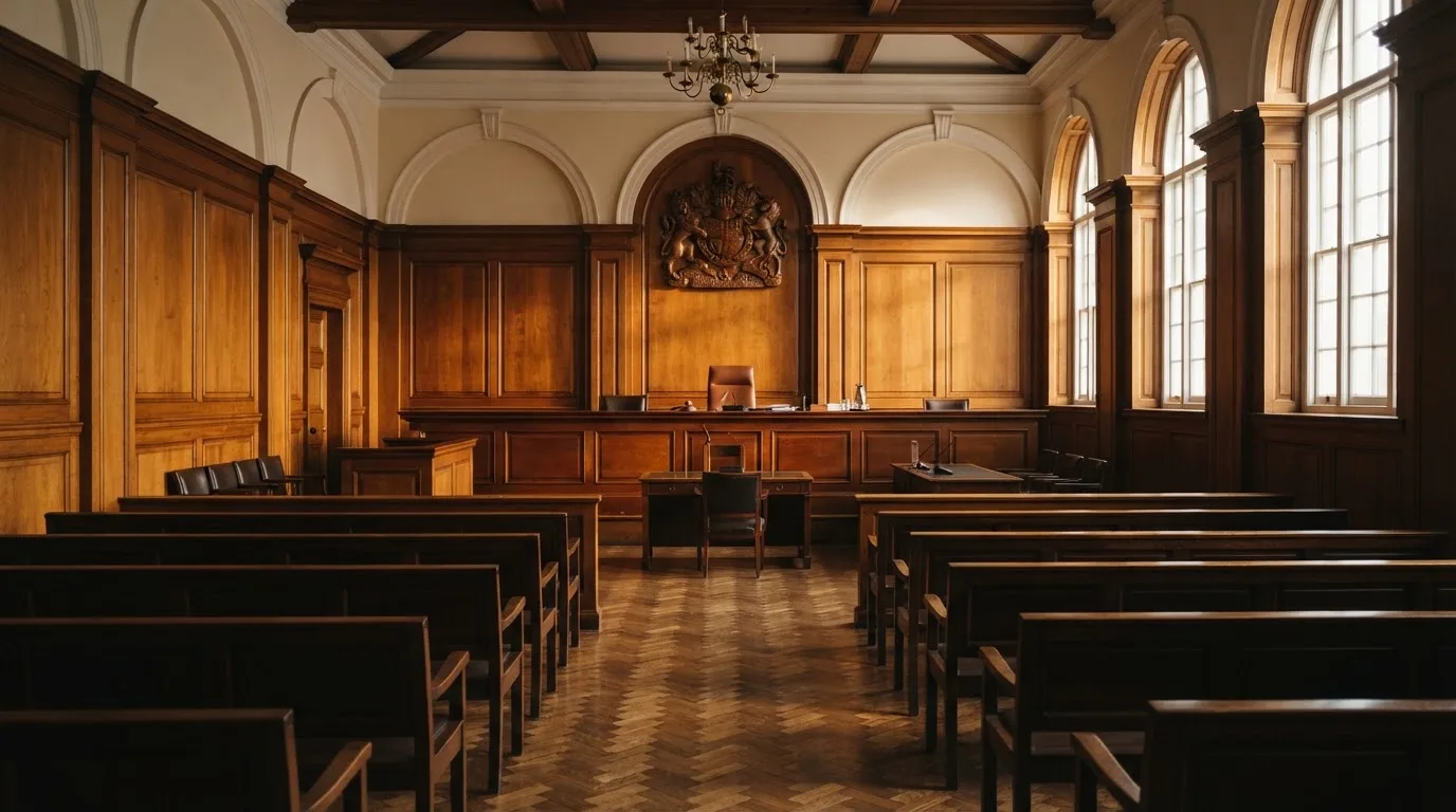 Sala de tribunal vazia com painéis de madeira, à luz da manhã — casinos com google pay em portugal