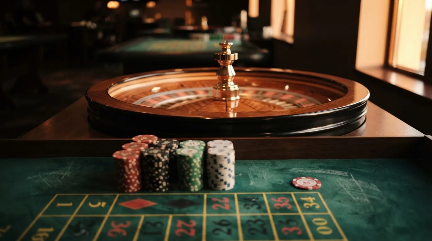 Roda de roleta e fichas sobre feltro verde, sob uma luz quente de fim de tarde — casinos com google pay em portugal