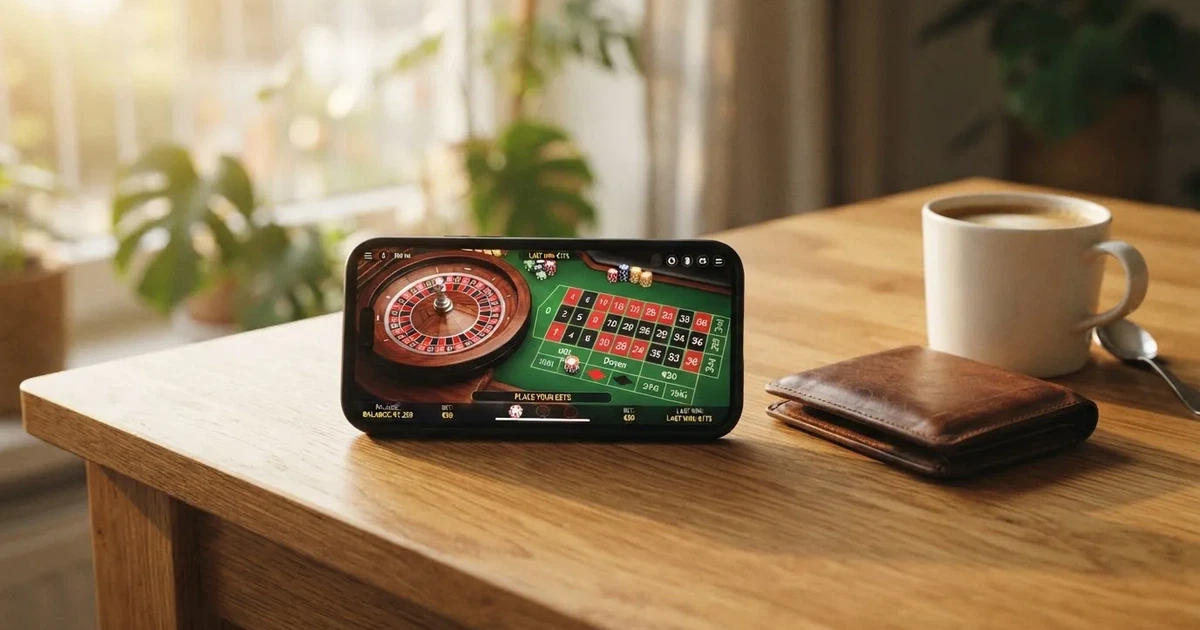Telemóvel numa mesa de madeira ao lado de uma carteira e de uma chávena de café — casinos com google pay em portugal