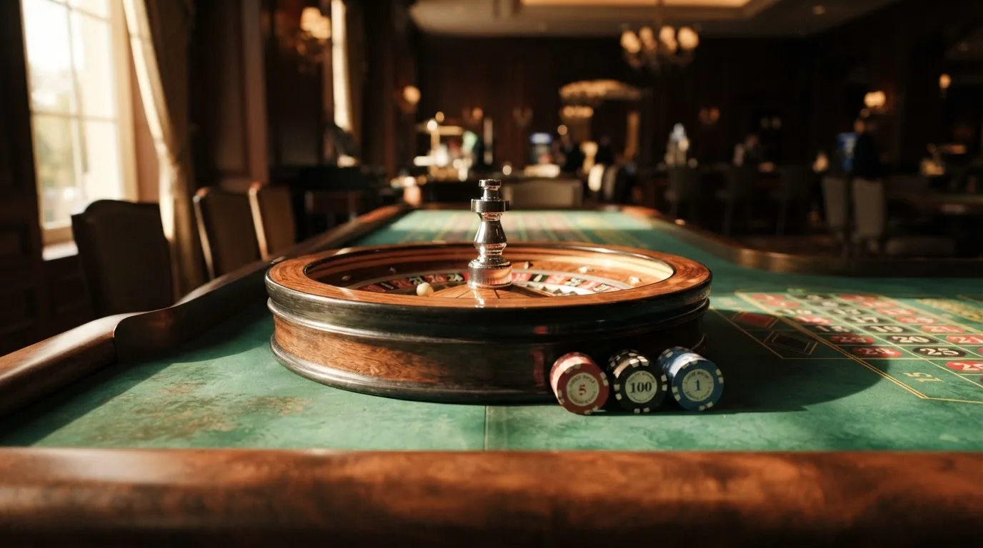 Roda de roleta e fichas sobre feltro verde, sob uma luz quente de fim de tarde — casinos com maestro em portugal