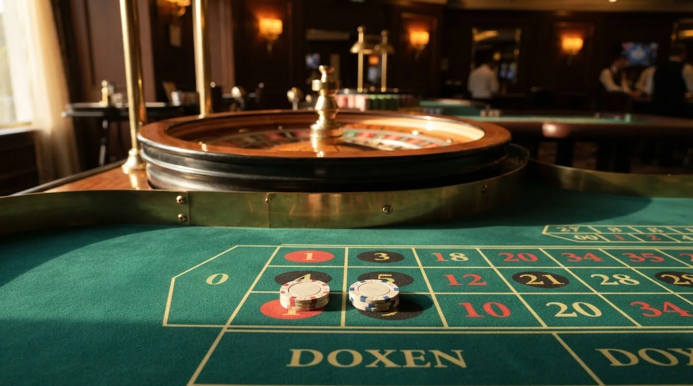 Roda de roleta e fichas sobre feltro verde, sob uma luz quente de fim de tarde — casinos com mastercard em portugal