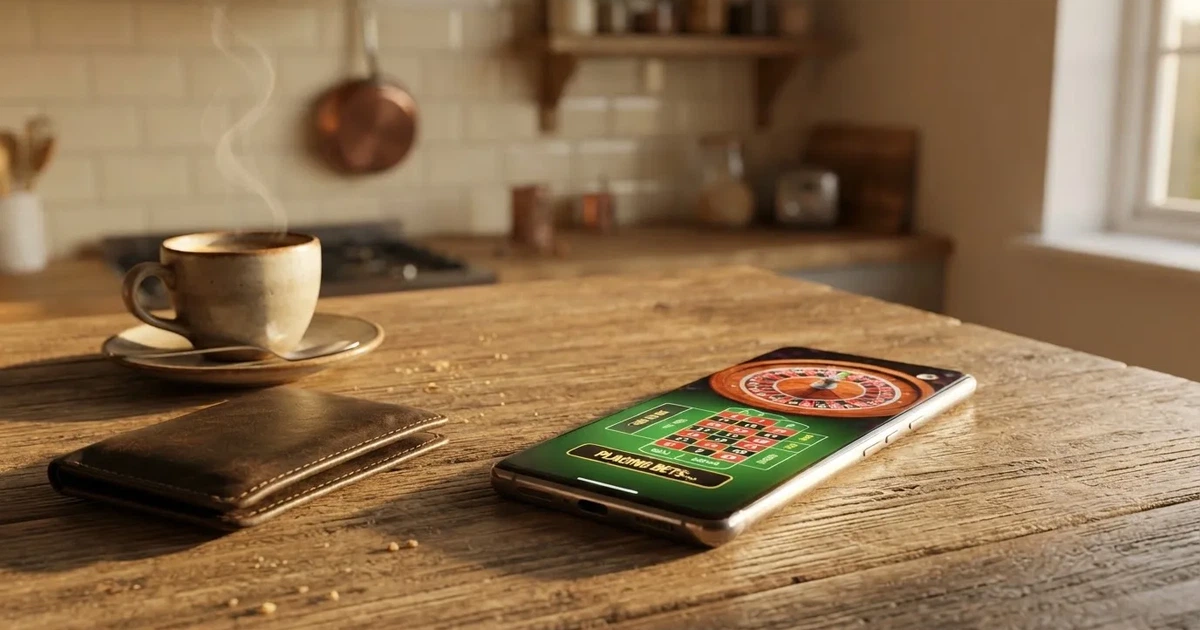 Telemóvel numa mesa de madeira ao lado de uma carteira e de uma chávena de café — casinos com mastercard em portugal