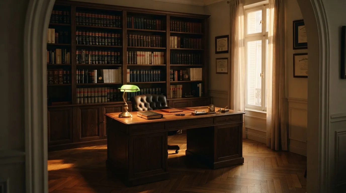 Escritório de advocacia com secretária de madeira, candeeiro de leitura e estantes de livros, sem pessoas, luz tranquila de fim de tarde.