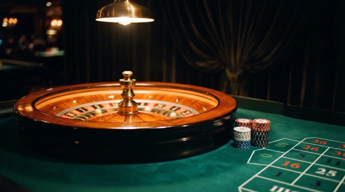 Roda de roleta e fichas sobre feltro verde, sob uma luz quente de fim de tarde — casinos com mifinity em portugal