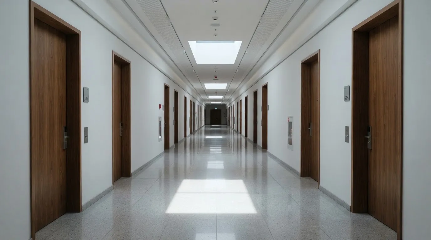 Corredor de um tribunal moderno com portas de madeira e pavimento polido, sem pessoas, luz natural vinda de uma claraboia.