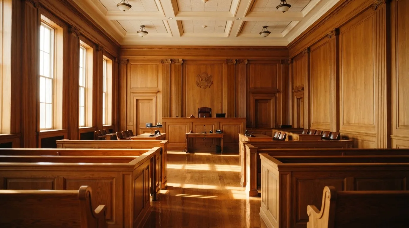 Sala de tribunal vazia com painéis de madeira, à luz da manhã — casinos com paypal em portugal