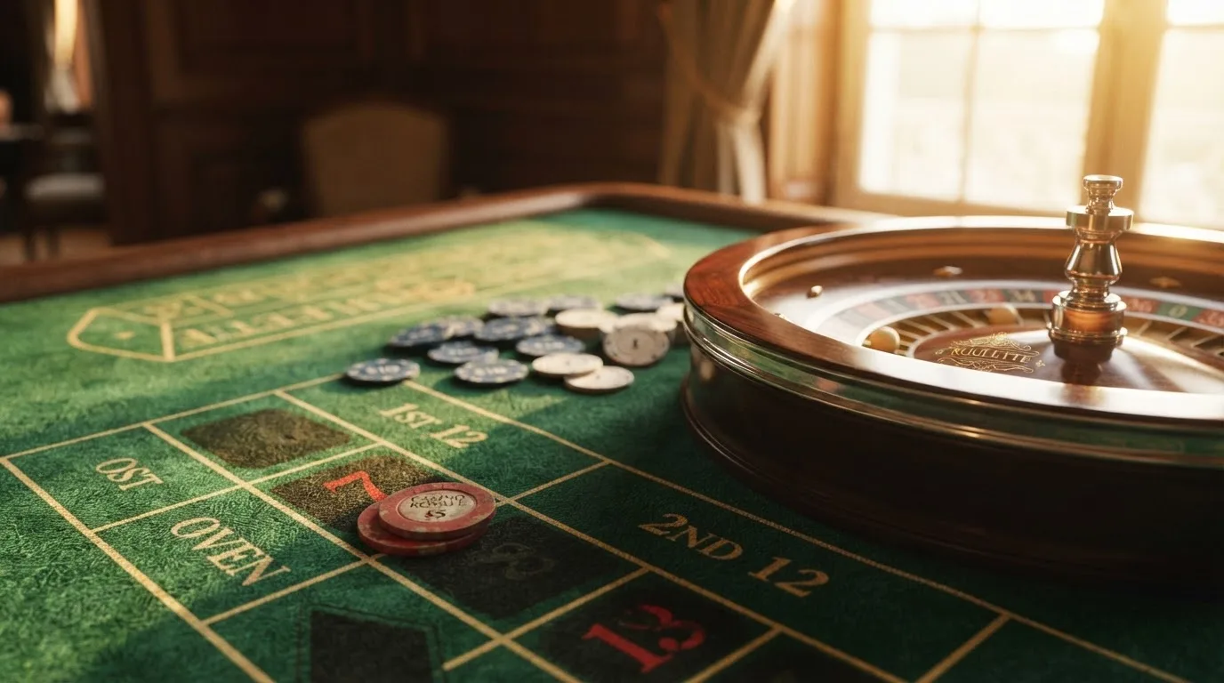 Roda de roleta e fichas sobre feltro verde, sob uma luz quente de fim de tarde — casinos com paypal em portugal