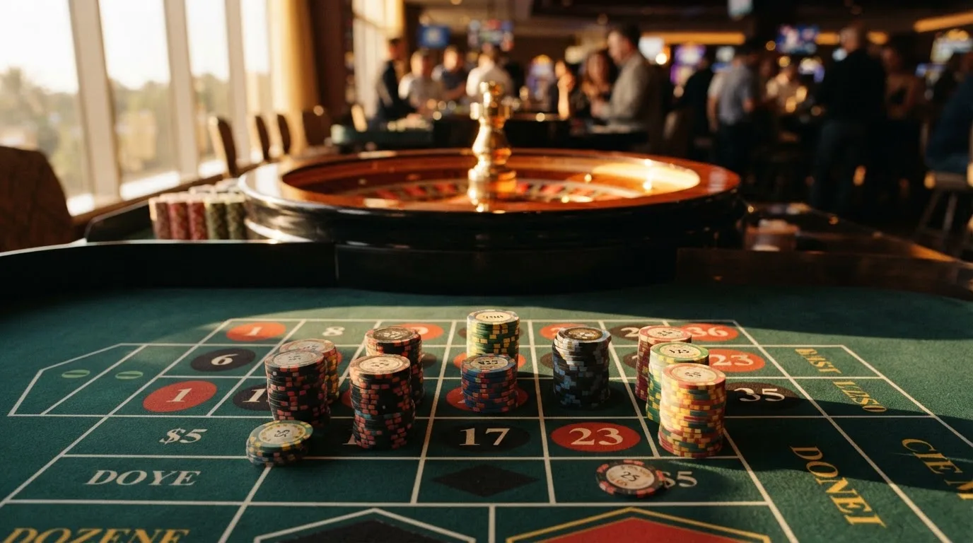 Roda de roleta e fichas sobre feltro verde, sob uma luz quente de fim de tarde — casinos com paysafecard em portugal