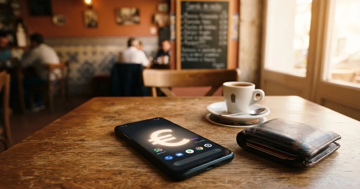 Telemóvel numa mesa de madeira ao lado de uma carteira e de uma chávena de café — casinos com paysafecard em portugal