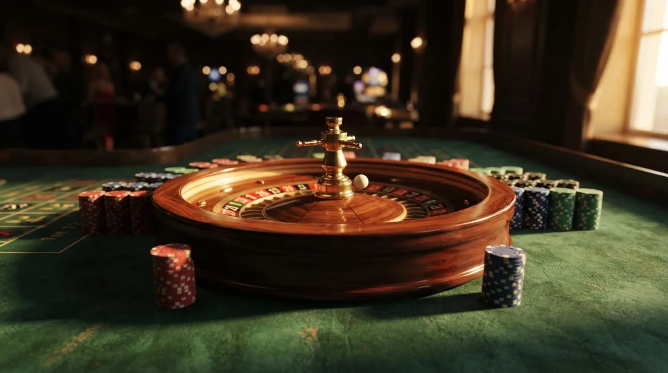 Roda de roleta e fichas sobre feltro verde, sob uma luz quente de fim de tarde — casinos com payu em portugal