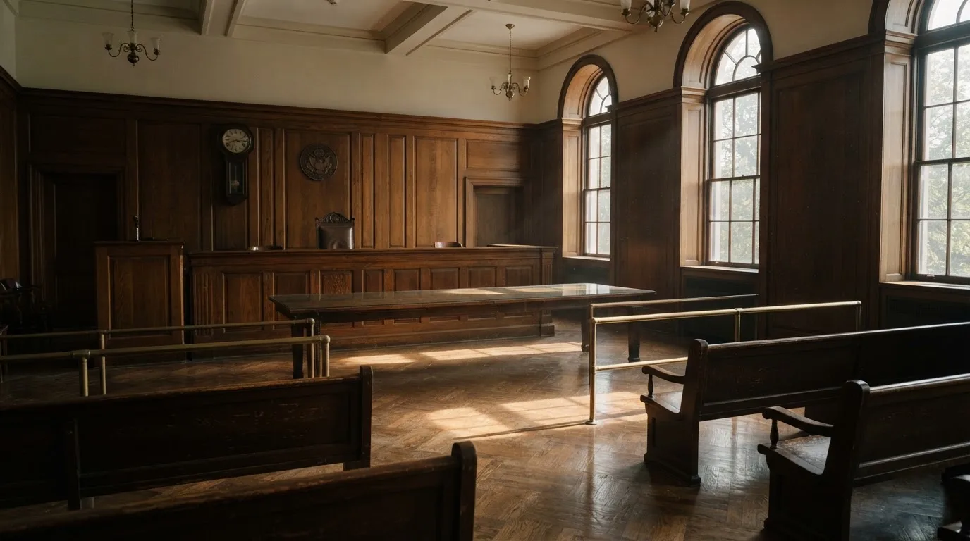 Sala de tribunal vazia com painéis de madeira, à luz da manhã — casinos com rodadas em portugal