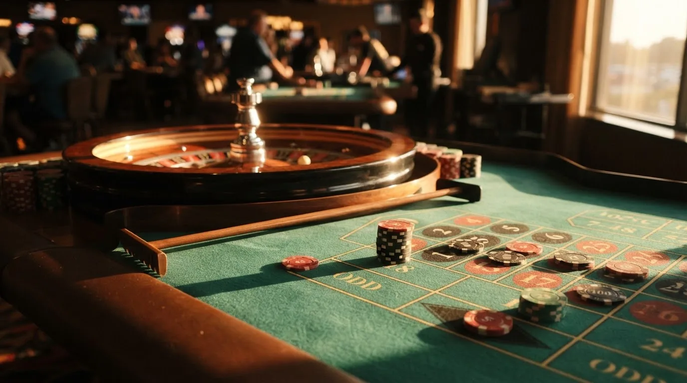 Roda de roleta e fichas sobre feltro verde, sob uma luz quente de fim de tarde — casinos com rodadas em portugal