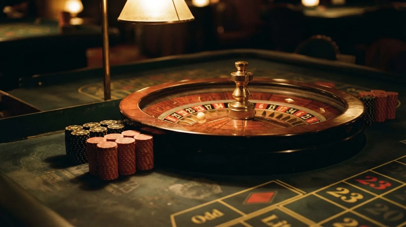 Roda de roleta e fichas sobre feltro verde, sob uma luz quente de fim de tarde — casinos com skrill em portugal