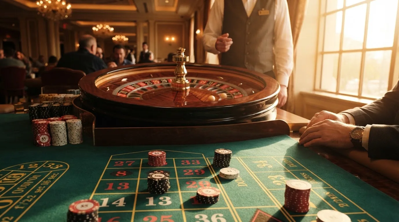 Roda de roleta e fichas sobre feltro verde, sob uma luz quente de fim de tarde — casinos com transferência bancária pt
