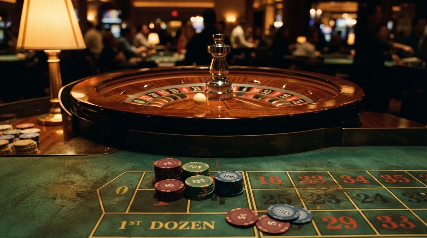 Roda de roleta e fichas sobre feltro verde, sob uma luz quente de fim de tarde — casinos com visa em portugal
