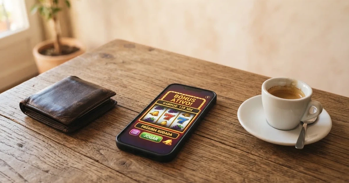 Telemóvel numa mesa de madeira ao lado de uma carteira e de uma chávena de café — casinos com visa em portugal