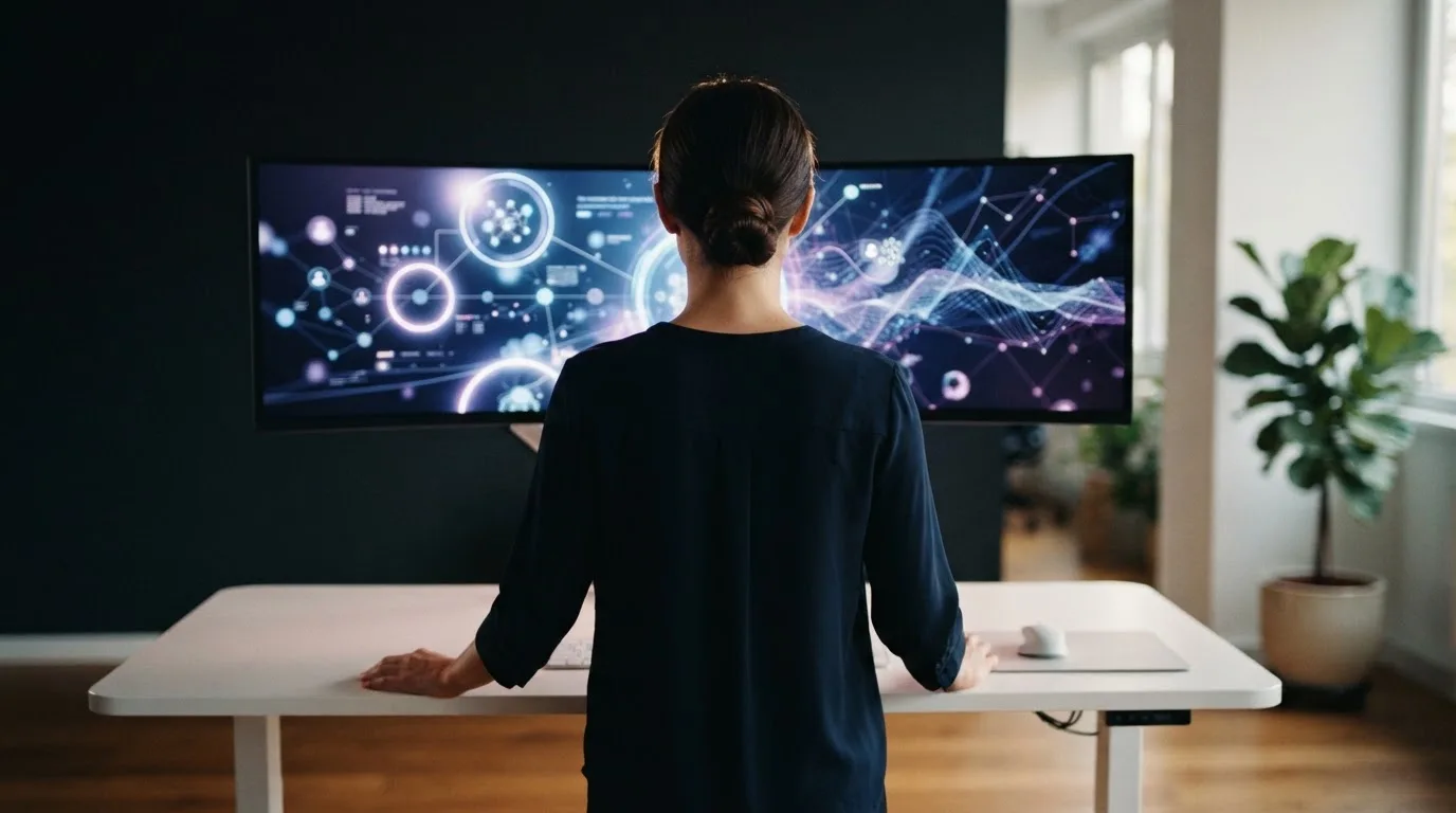 Mulher numa sala de computadores a observar um monitor com formas luminosas abstratas, ambiente de escritório moderno.