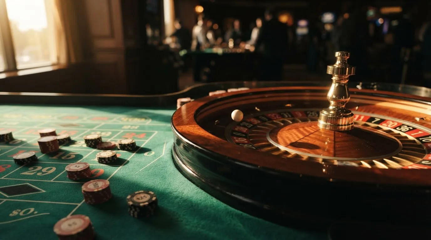 Roda de roleta e fichas sobre feltro verde, sob uma luz quente de fim de tarde — casinos grátis em portugal