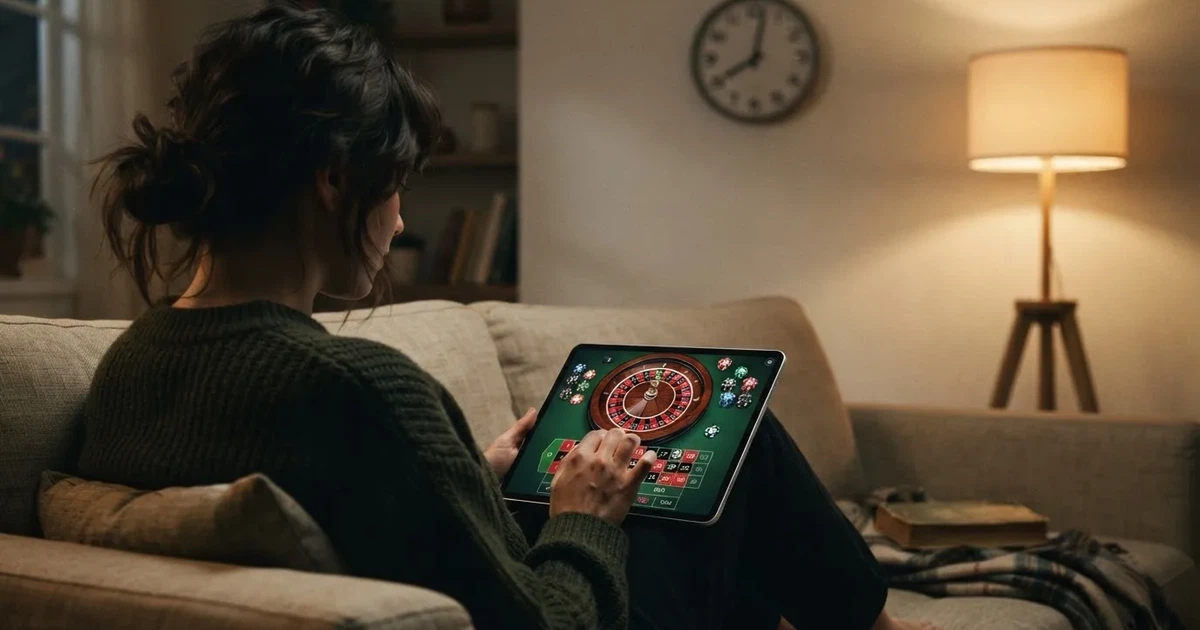 Pessoa num sofá a olhar pensativa para um tablet, com um relógio na parede atrás — casinos grátis em portugal