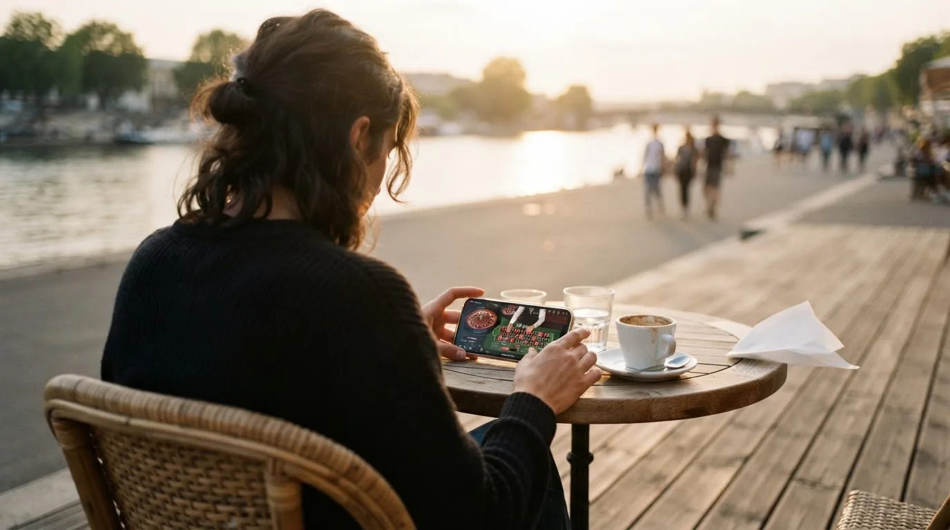 Pessoa a jogar no telemóvel numa esplanada, com um café pousado na mesa e o rio ao fundo, sob sol suave.