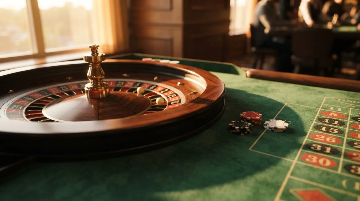 Roda de roleta e fichas sobre feltro verde, sob uma luz quente de fim de tarde — casinos online com depósito pt