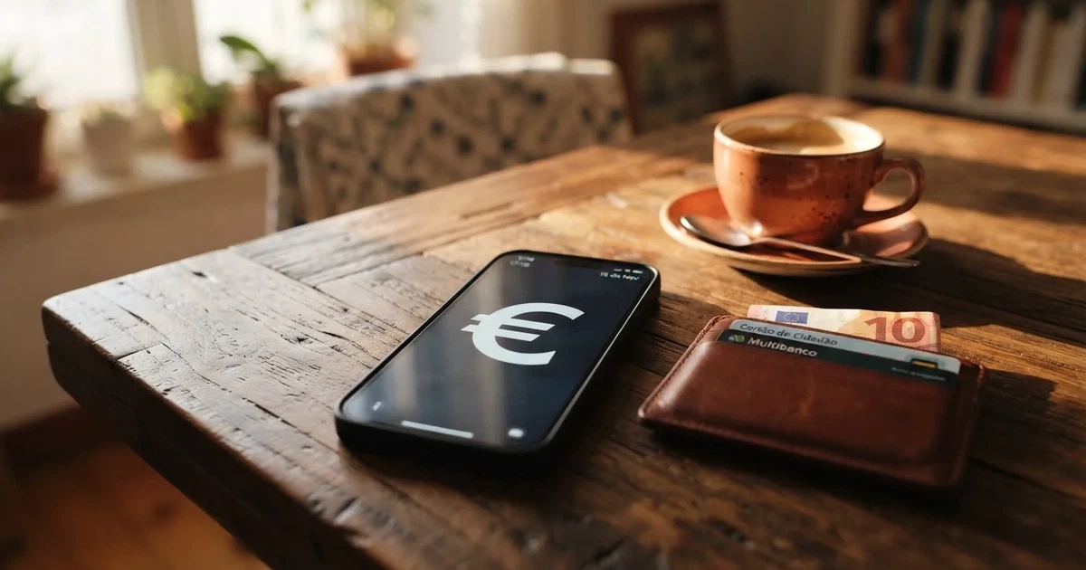 Telemóvel numa mesa de madeira ao lado de uma carteira e de uma chávena de café — casinos online com depósito pt