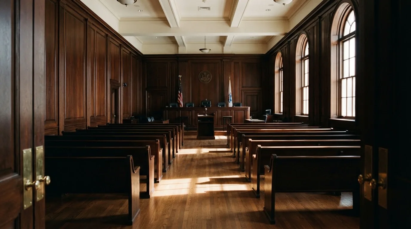 Sala de tribunal vazia com painéis de madeira, à luz da manhã — casinos online grátis em portugal