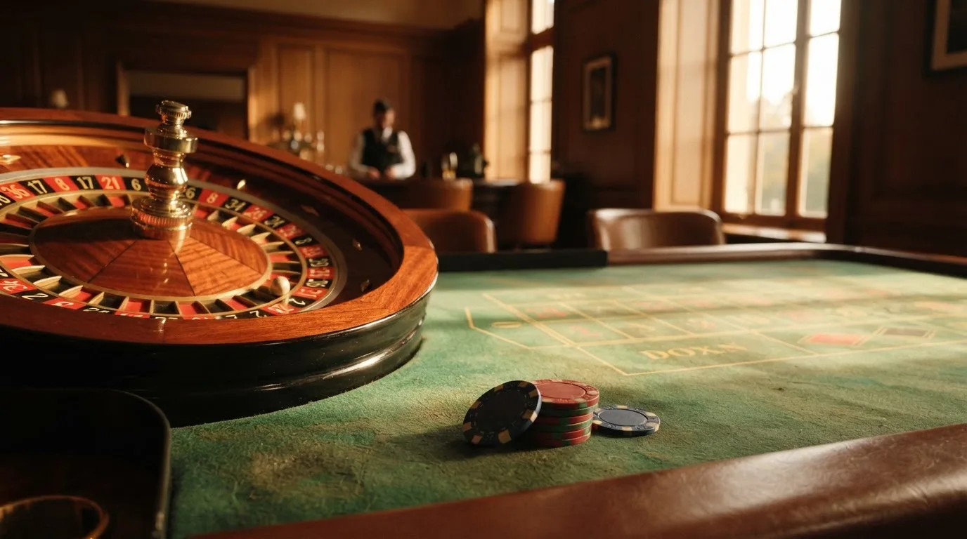 Roda de roleta e fichas sobre feltro verde, sob uma luz quente de fim de tarde — casinos online grátis em portugal