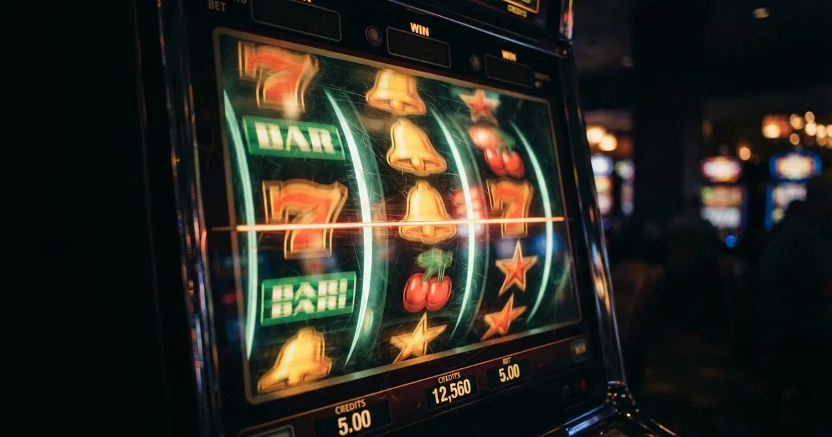 Rolos luminosos de uma slot machine numa sala escura, em grande plano — casinos online grátis em portugal