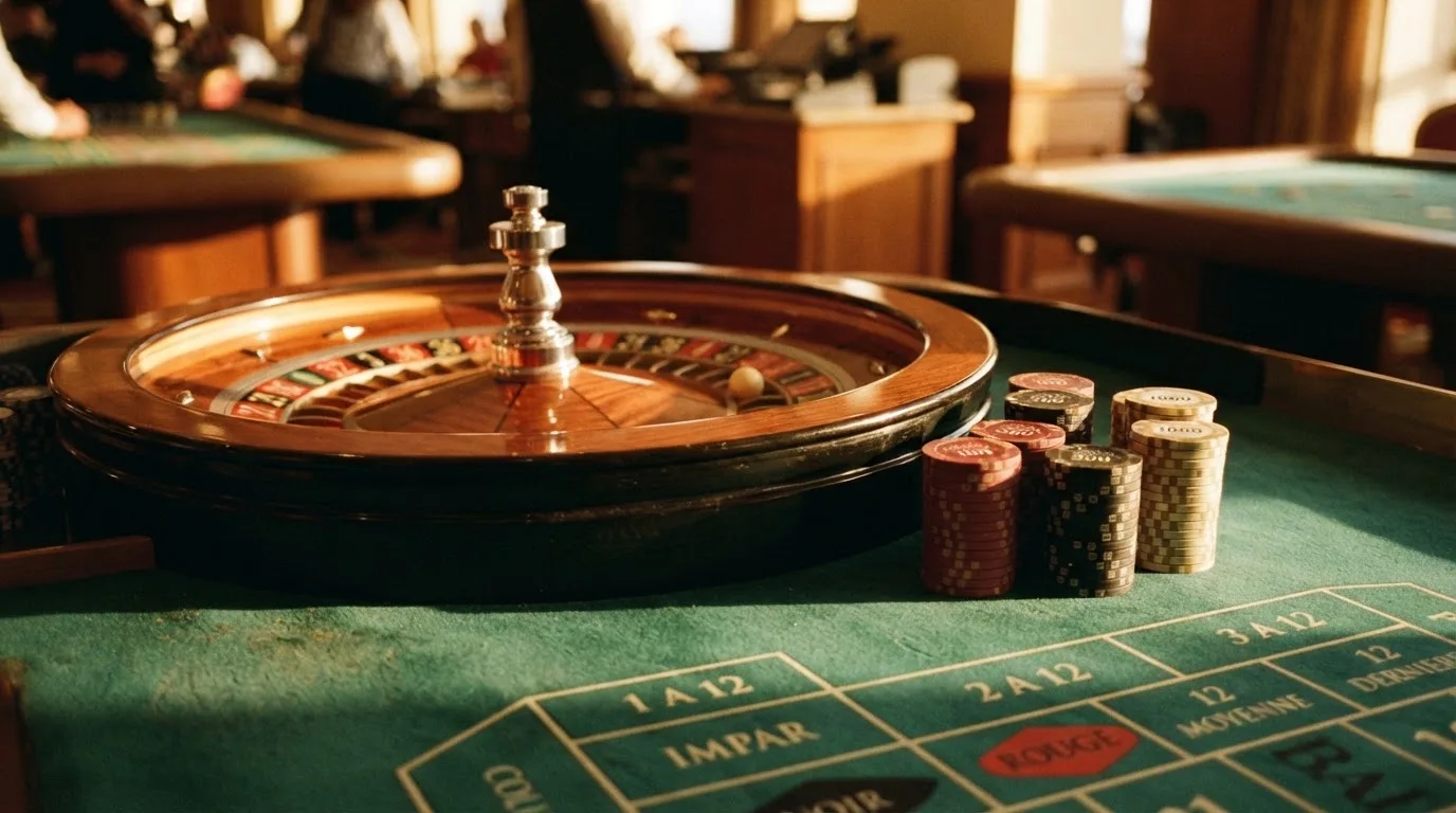Roda de roleta e fichas sobre feltro verde, sob uma luz quente de fim de tarde — casinos online sem depósito pt