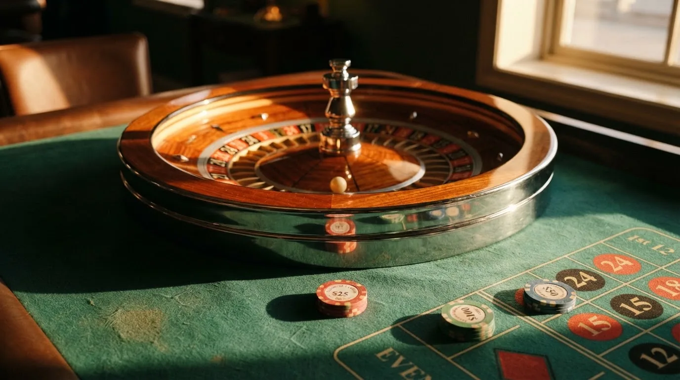 Roda de roleta e fichas sobre feltro verde, sob uma luz quente de fim de tarde — casinos para ganhar dinheiro pt