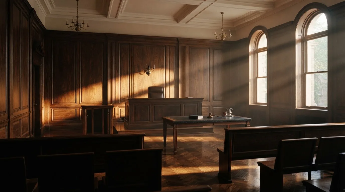 Sala de tribunal vazia com painéis de madeira, à luz da manhã — cassino com bônus em portugal