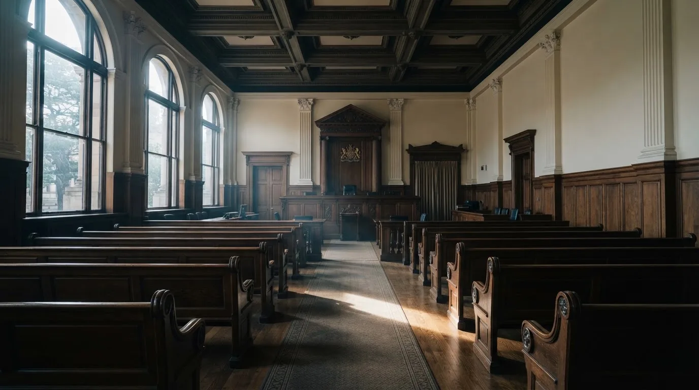 Sala de tribunal vazia com painéis de madeira, à luz da manhã — cassino com depósito em portugal