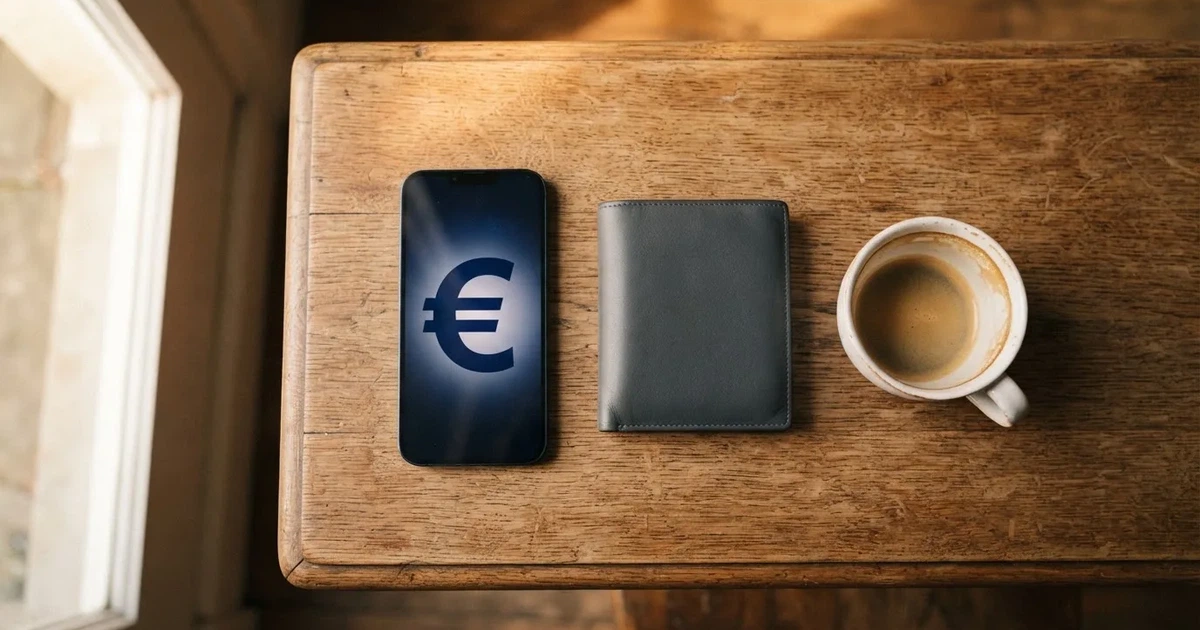 Telemóvel numa mesa de madeira ao lado de uma carteira e de uma chávena de café — cassino com depósito em portugal