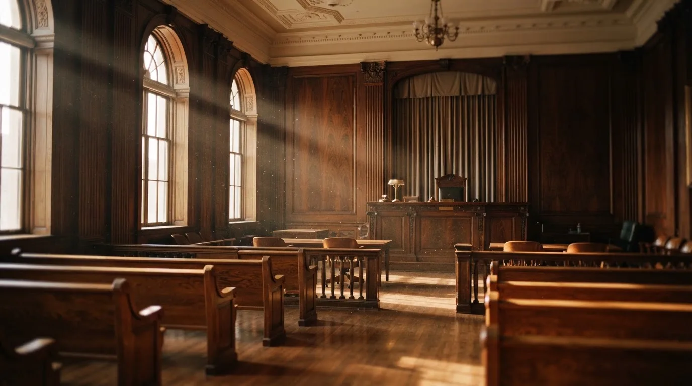 Sala de tribunal vazia com painéis de madeira, à luz da manhã — cassino com roleta em portugal