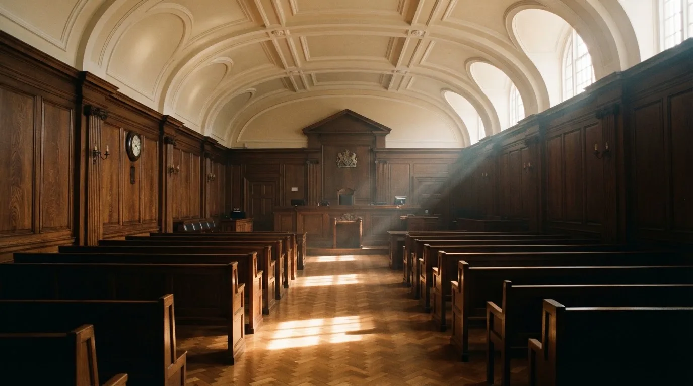 Sala de tribunal vazia com painéis de madeira, à luz da manhã — cassino grátis em portugal