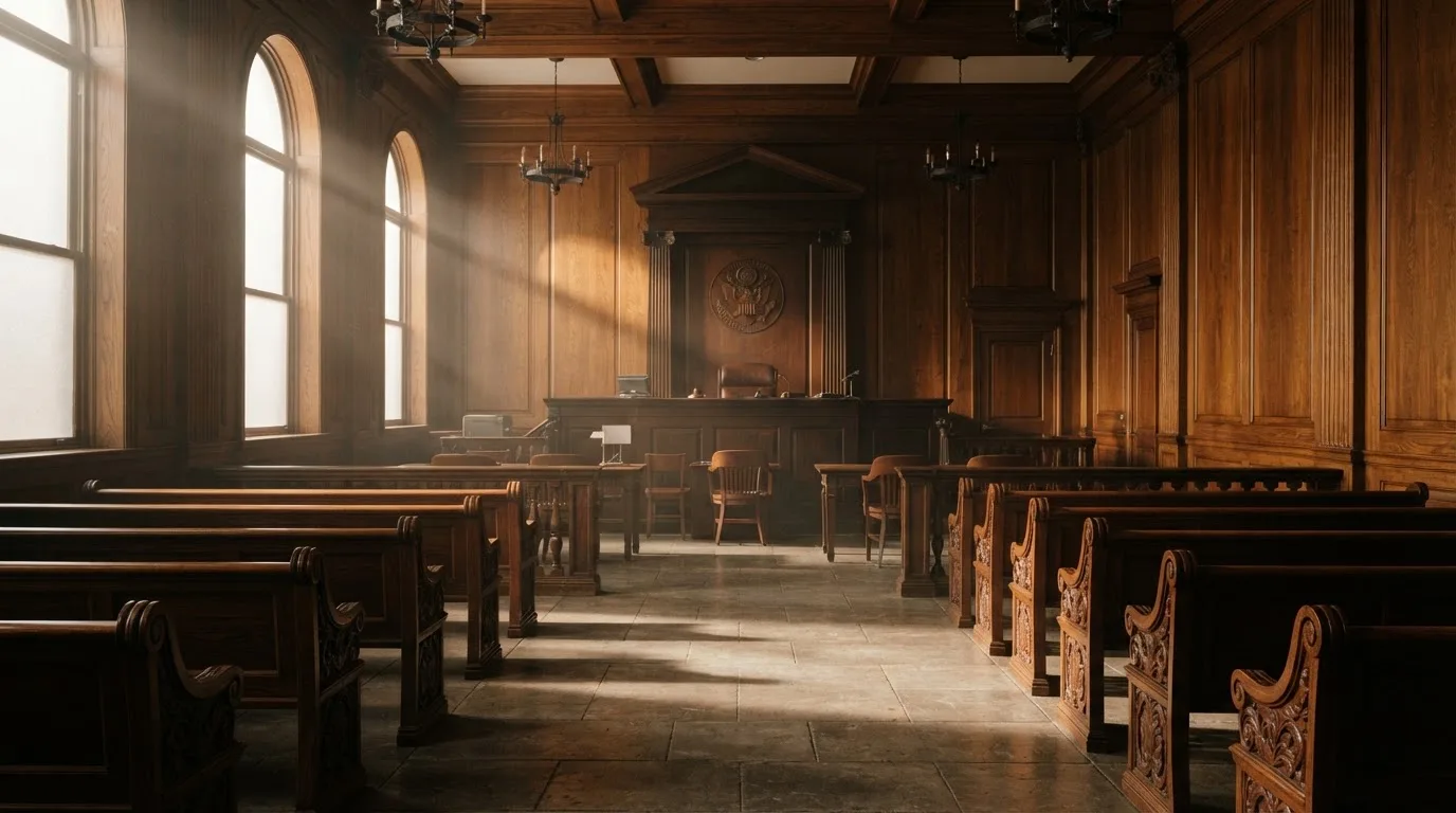Sala de tribunal vazia com painéis de madeira, à luz da manhã — cassino sem verificação em portugal