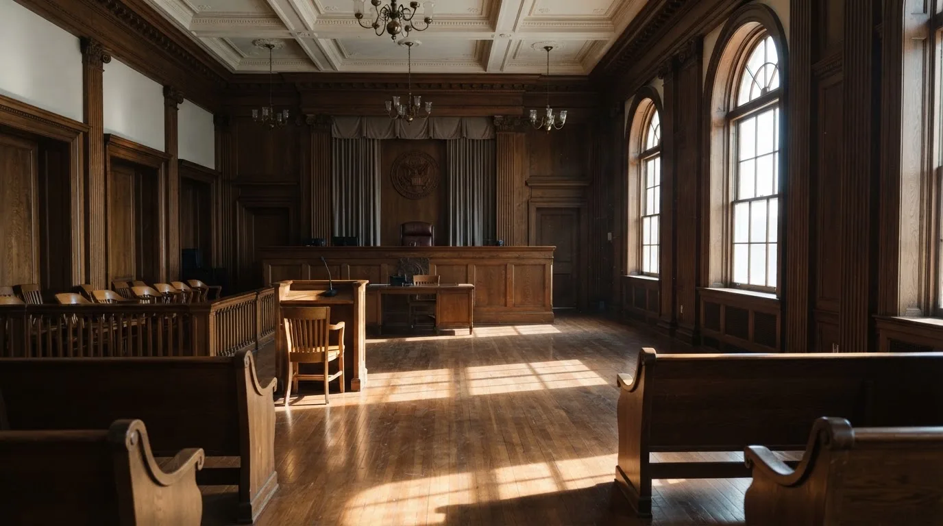 Sala de tribunal vazia com painéis de madeira, à luz da manhã — cassinos de criptomoedas pt