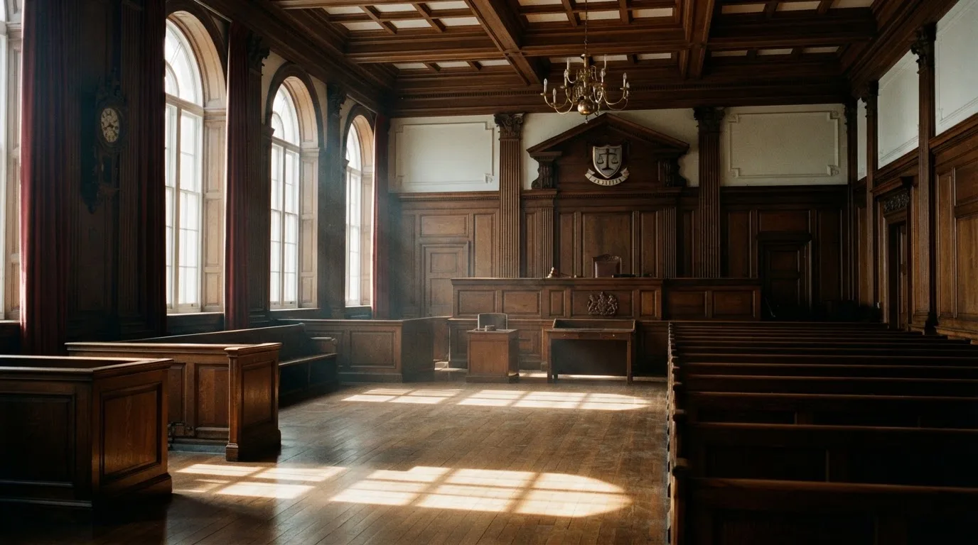 Sala de tribunal vazia com painéis de madeira, à luz da manhã — cassinos sem kyc em portugal