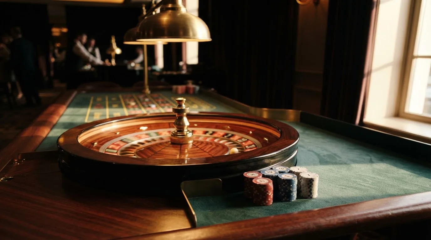 Roda de roleta e fichas sobre feltro verde, sob uma luz quente de fim de tarde — como jogar em casino pt