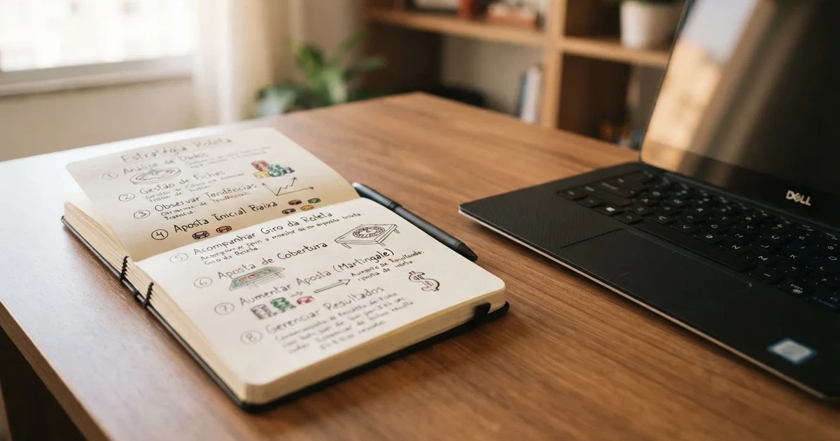 Caderno com um esboço passo a passo ao lado de um teclado — como jogar em casino pt
