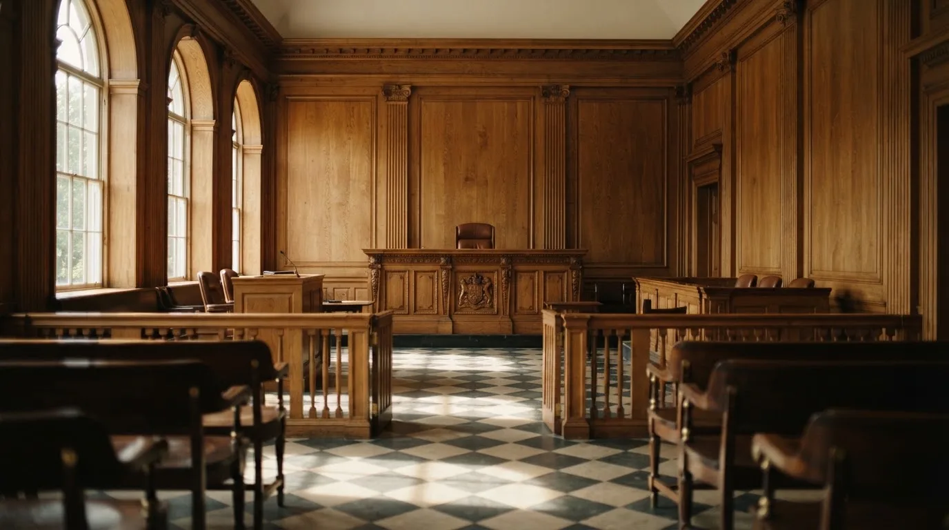 Sala de tribunal vazia com painéis de madeira, à luz da manhã — estratégia de blackjack para portugueses