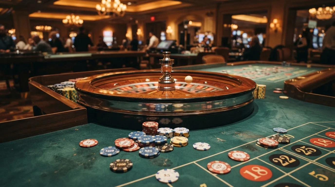 Roda de roleta e fichas sobre feltro verde, sob uma luz quente de fim de tarde — guias de casino para os portugueses