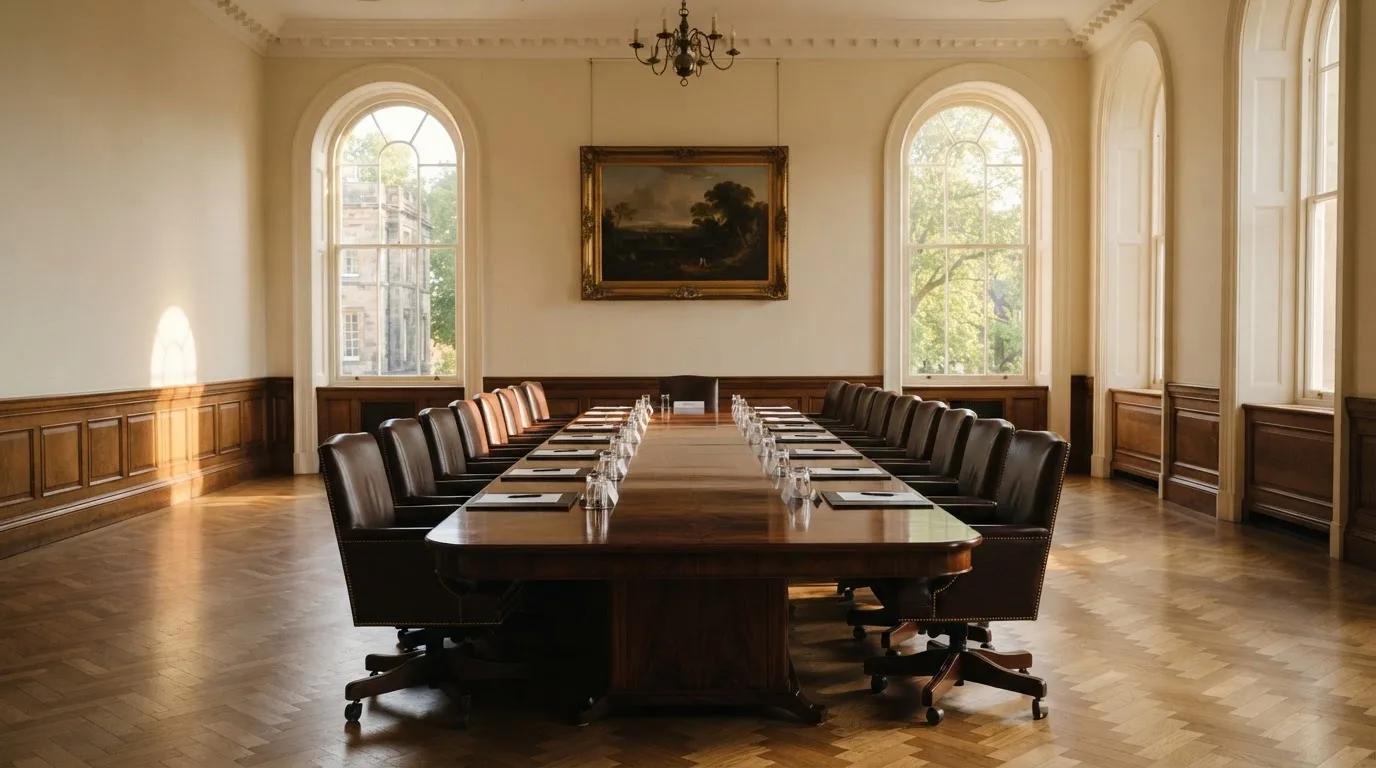 Sala de reuniões de um organismo público com mesa comprida, cadeiras alinhadas e janelas altas, sem pessoas, luz de manhã.